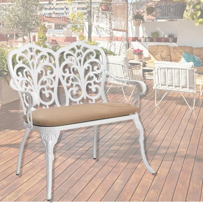 Patio Aluminum Outdoor Bench with Soft Cushion, Garden Metal Loveseat Furniture, Vintage Carving White Front Porch Chair Seat