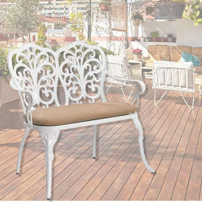 Patio Aluminum Outdoor Bench with Soft Cushion, Garden Metal Loveseat Furniture, Vintage Carving White Front Porch Chair Seat