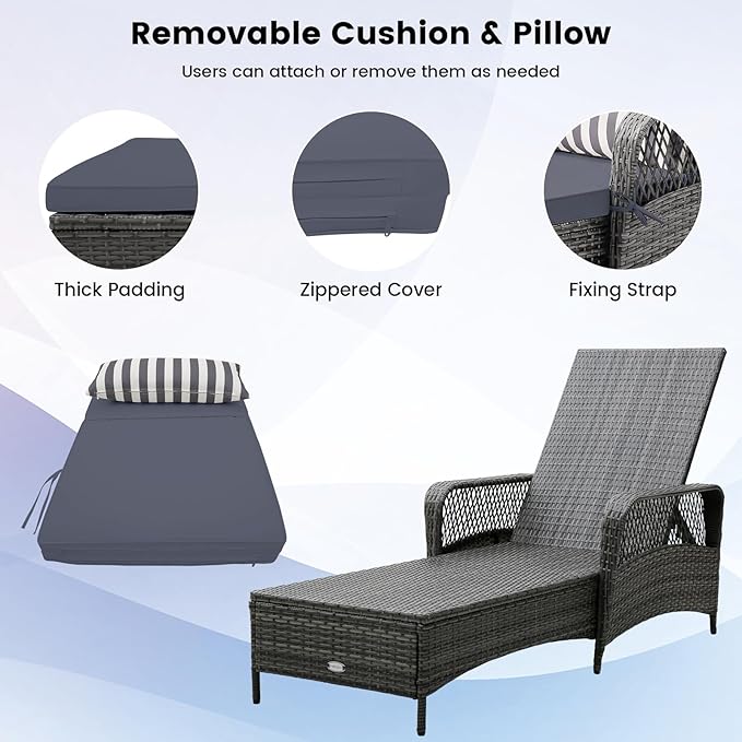 HAPPYGRILL Patio Rattan Chaise Lounge, Outdoor PE Wicker Sun Lounger with Adjustable Backrest, Cushion & Pillow, Reclining Sunbed for Balcony Poolside Yard (Mix Gray & Gray)