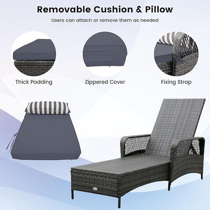 HAPPYGRILL Patio Rattan Chaise Lounge, Outdoor PE Wicker Sun Lounger with Adjustable Backrest, Cushion & Pillow, Reclining Sunbed for Balcony Poolside Yard (Mix Gray & Gray)