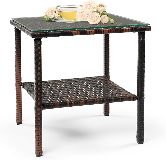 VINGLI Outdoor Wicker Side Table Patio Side Tables for Outside, Tempered Glass Top Wicker Table with Storage End Table for Patio Balcony Porch Deck (Brown)