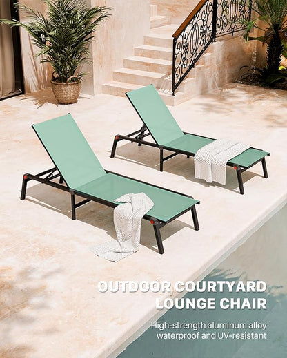 Aluminum Patio Chaise Lounge Chair Set of 2 with Side Table,5-Position Adjustable Backrest,Foldable Lounge Chair Outdoor,Pool Lounge Chairs for Poolside,Lawn,Deck,Beach (Green, 2 Pack+Table)