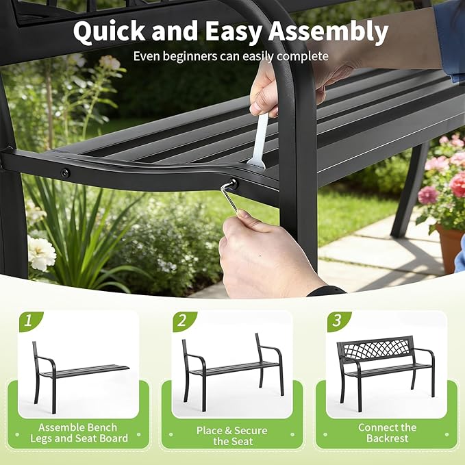 Outdoor Garden Bench, 2-Person Metal Patio Bench with Rust-Resistant Steel Frame & Mesh Pattern Plastic Backrest/Armrests, Black for Lawn Yard Porch Entryway Park