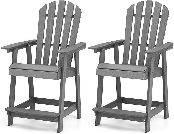Giantex Tall Adirondack Chair Set of 2, HDPE Outdoor Bar Stools with Armrests, 4.5” Wide Footrest, Patio Adirondack Barstools, All-Weather Balcony Chairs for Poolside, Garden, Backyard (Grey)