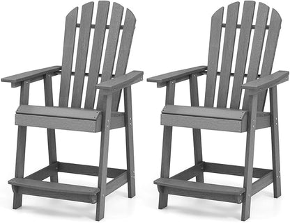 Giantex Tall Adirondack Chair Set of 2, HDPE Outdoor Bar Stools with Armrests, 4.5” Wide Footrest, Patio Adirondack Barstools, All-Weather Balcony Chairs for Poolside, Garden, Backyard (Grey)