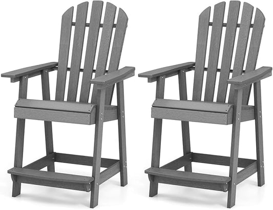 Giantex Tall Adirondack Chair Set of 2, HDPE Outdoor Bar Stools with Armrests, 4.5” Wide Footrest, Patio Adirondack Barstools, All-Weather Balcony Chairs for Poolside, Garden, Backyard (Grey)