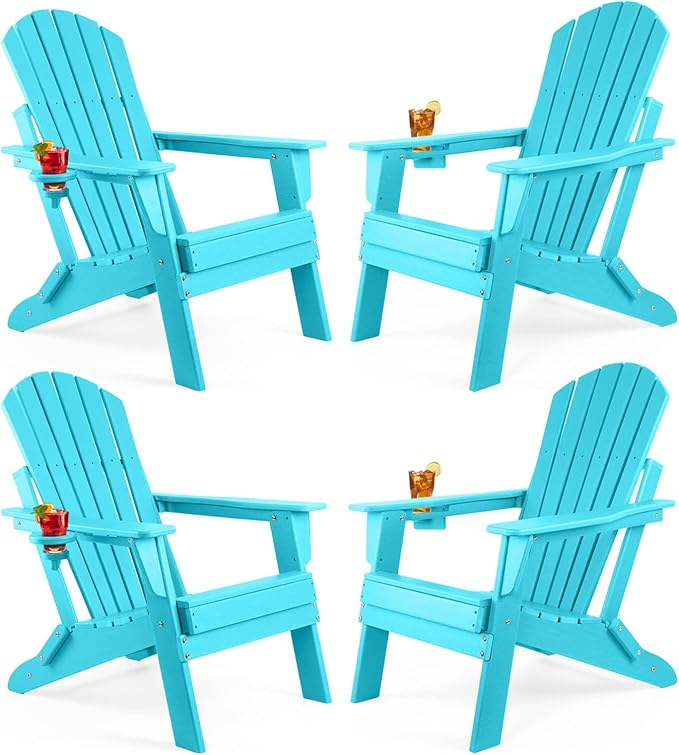 FUNBERRY Folding Adirondack Chair Set of 4, HDPE All Weather Fire Pit Chairs with Cup Holder for Outdoor