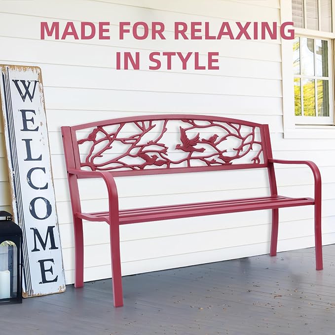 Perched Birds Metal Park Patio Bench, Outdoor Bench in Red for Porch, Lawn, Garden, Deck by Sun-Ray