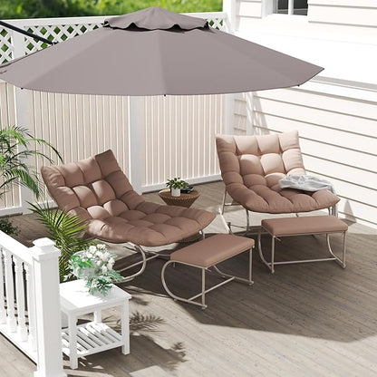 Rocking Chair Outdoor Set of 2, Extra Wide Outdoor Chair with Cushion, Patio Rocking Chairs with Ottoman, Patio Papasan Rocking Chairs for Porch, Garden, Lawn, Khaki