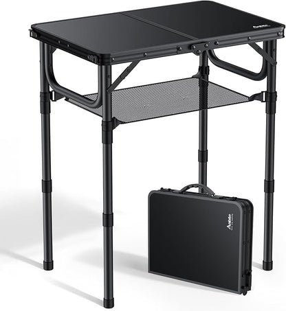 Anbte Folding Camping Table with Storage Net, Pure Black Aluminum 2ft Picnic Table 23.2" x 16" Outdoor Table Adjustable Height Max 27.5", Lightweight, Waterproof, Portable Handle for Travel Cooking