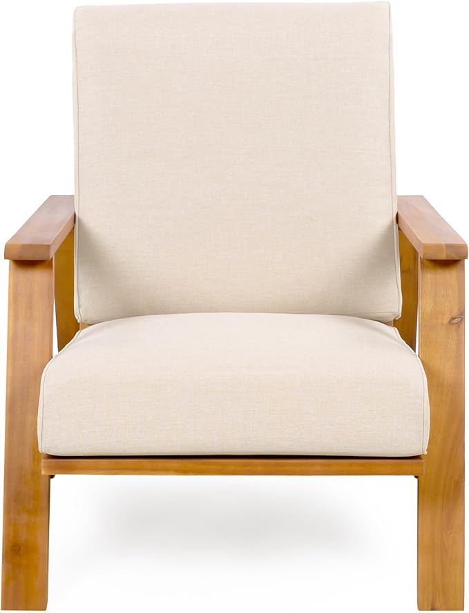 Christopher Knight Home Smeb Lounge Chair Outdoor with Cushions, Acacia Wood Adirondack Chair, Slatted Design Side Chair, Extra Seating for Balcony Backyard Poolside Garden, Teak + Beige