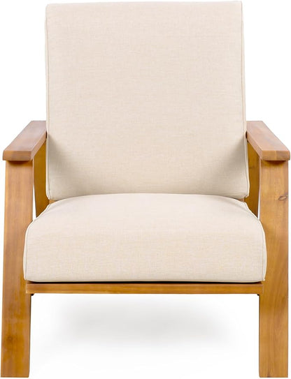 Christopher Knight Home Smeb Lounge Chair Outdoor with Cushions, Acacia Wood Adirondack Chair, Slatted Design Side Chair, Extra Seating for Balcony Backyard Poolside Garden, Teak + Beige