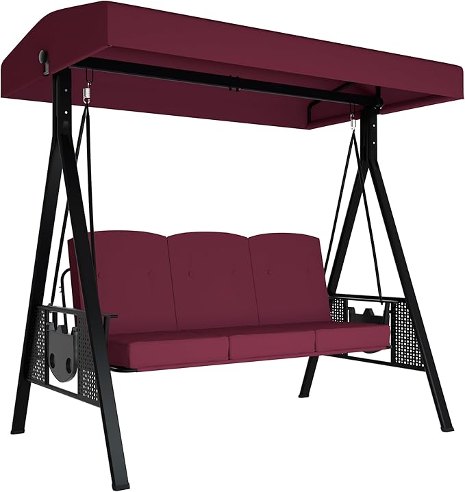 MUPATER Patio Porch Swing Chair with Canopy, 3-Person Outdoor Canopy Swing Glider with Stand, Cushions and Side Table for Outside, 2-in-1 Swing Chair Bench with Cushion for Backyard,Wine Red