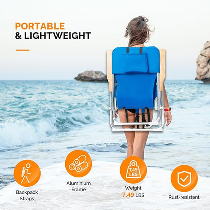 VINGLI 17" Tall Beach Chairs for Adults,Aluminum 4-Position Backpack Beach Chair with Wooden Armrests,Folding Lawn Chair for Outdoor, Camping, Patio
