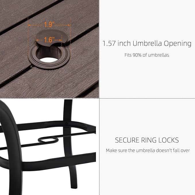 37" Patio Dining Table with Square Plastic Top, Metal Leg and Umbrella Hole for 4 Person Outdoor Furniture - Wood-Like Grain Brown