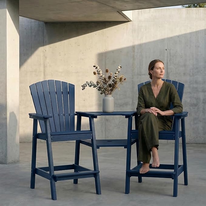 Kingdura Upgraded Tall Adirondack Chairs Set of 2, Weather Resistant HDPE Bar Height Outdoor Stools with Removable Double Connecting Trays, Wooden Grain for Patio, Balcony, Deck (Navy Blue)