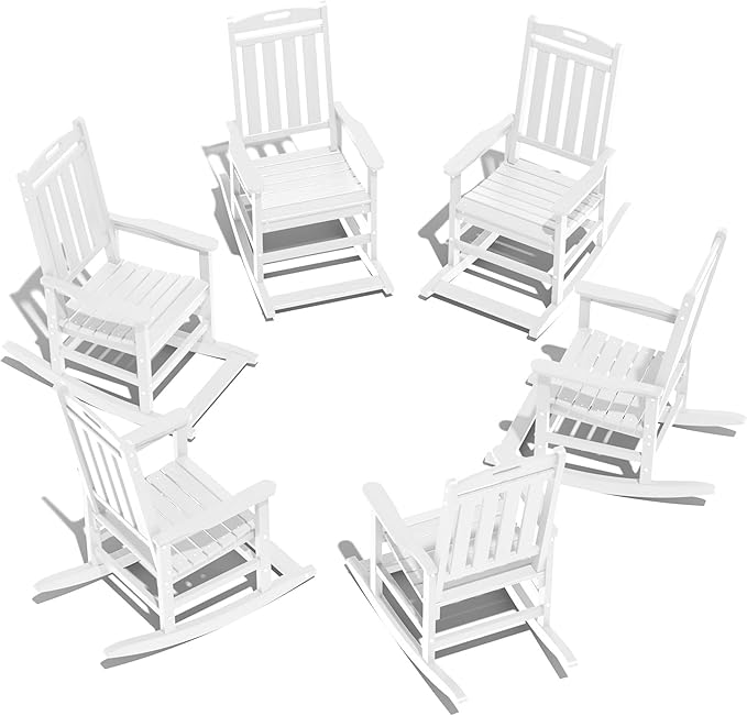 LOUNZY Outdoor Rocking Chair with Footboards Set of 6, HDPE Rocking Chair Patio Porch Rocker with 380lbs Support for Adult, White