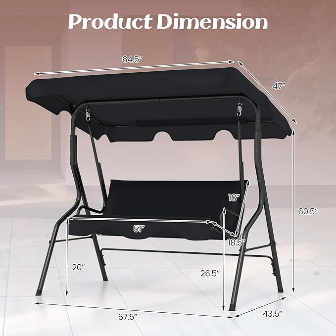 Tangkula 3 Person Porch Swing, Patio Swing with Removable Cushion & Powder-Coated Steel Frame - Photo 6