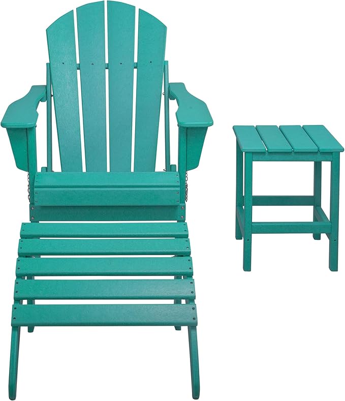 WestinTrends Malibu Outdoor Lounge Chairs, 3-Pieces Adirondack Chair Set with Ottoman and Side Table, All Weather Poly Lumber Patio Lawn Folding Chair for Outside Pool Garden Backyard, Turquoise