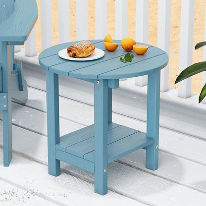 MXIMU Round Outdoor Side Table Adirondack Tables 18 Inch Chairside End Tables with Storage Shelf, 2-Tier Plastic Patio Side Table, Weather Resistant for Balcony Backyard Lawn (Blue, 2 Pack)