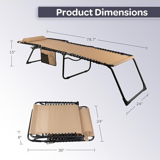 Folding Lounge Chair Outdoor Recliner - 3 Position Chaise Lounge Outdoor Beach Tanning Chair with Side Pocket and - Photo 6