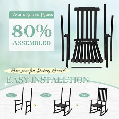Flamaker Outdoor Rocking Chair Oversized Wooden Patio Chairs with Widened Armrest High Back Porch Rocker for Lawn, Garden, Backyard, Fire Pit (Black)