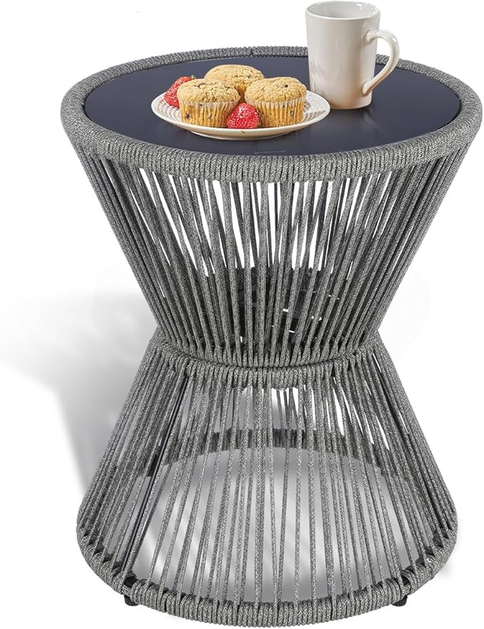 SUNNYPARK Outdoor Side Table 20'' H Small End Tables Woven Rope Weather Resistant with Glass Top Round Coffee Table for Indoor Balcony Patio Poolside (Gray)