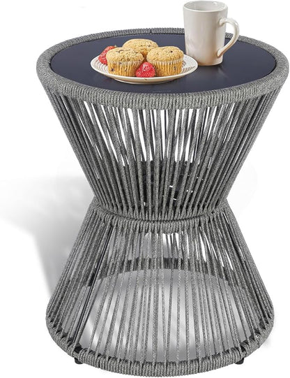 SUNNYPARK Outdoor Side Table 20'' H Small End Tables Woven Rope Weather Resistant with Glass Top Round Coffee Table for Indoor Balcony Patio Poolside (Gray)
