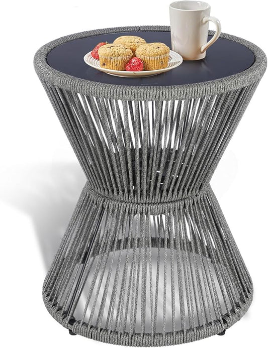 SUNNYPARK Outdoor Side Table 20'' H Small End Tables Woven Rope Weather Resistant with Glass Top Round Coffee Table for Indoor Balcony Patio Poolside (Gray)