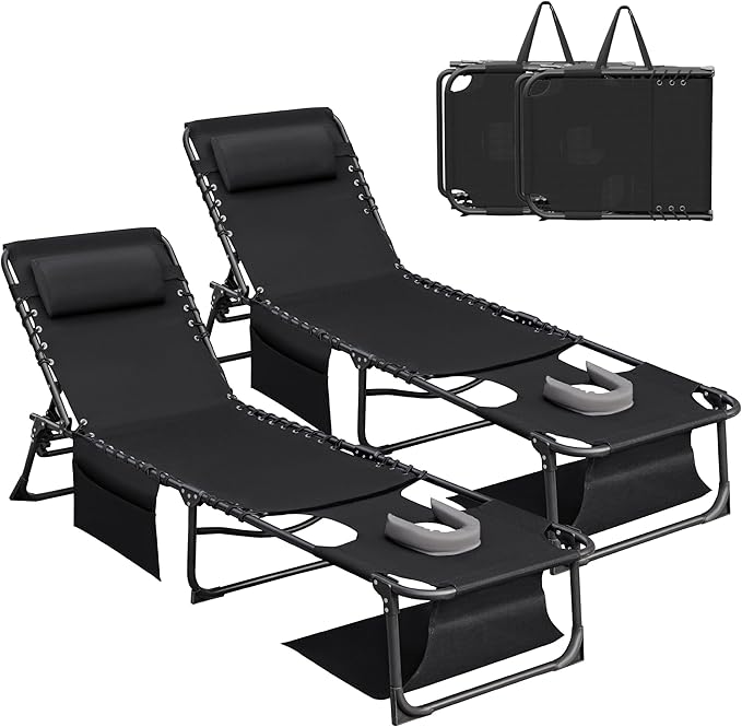 Devoko Beach Lounge Chair, Outdoor Sun Tanning Chair with Face Hole, Heavy Duty Folding Portable Lay Chaise Lounge Chairs for Outside Beach Pool Camping Patio, Black
