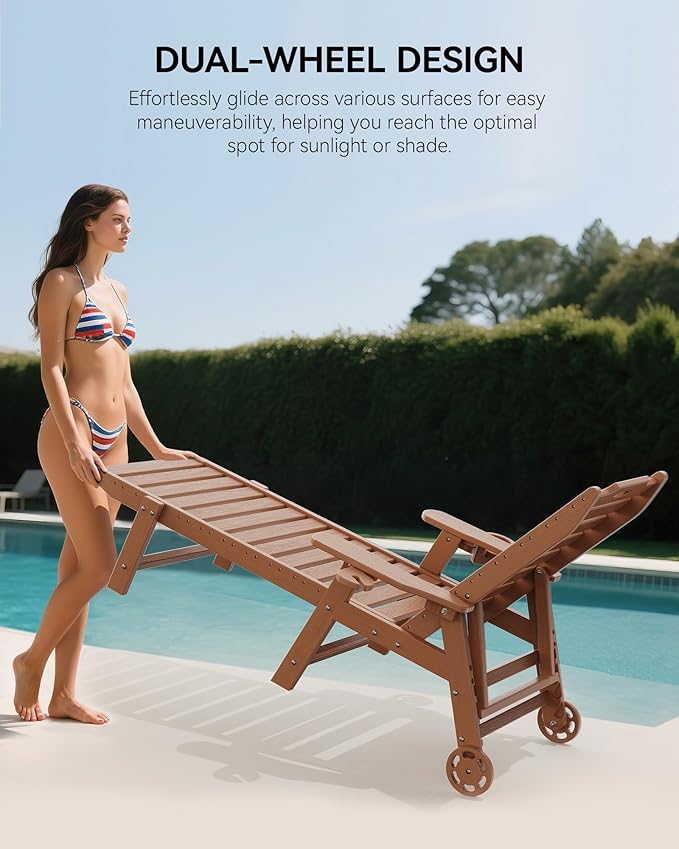 Carauci Lounge Chair Outdoor Set of 2, HDPE Chaise Lounge with Wheels - Photo 4
