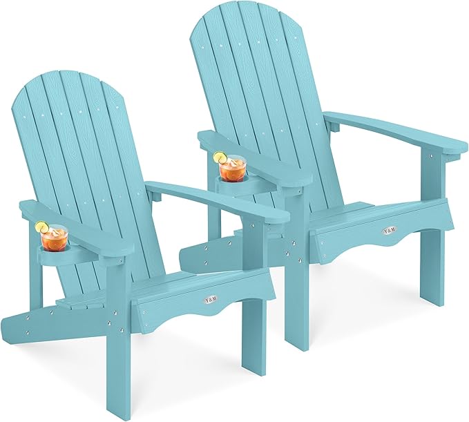 Y&M Adirondack Chair Set of 2, Light Blue Fire Pit Chairs, Outdoor Patio Chairs with Cup Holder, Weather Resistant HDPE Wooden Textured Patio Chairs, Perfect for Garden, Lawn, Deck, or Poolside