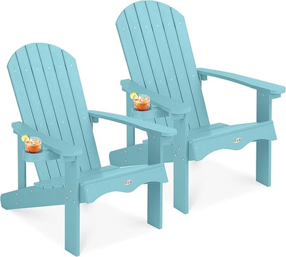 Y&M Adirondack Chair Set of 2, Light Blue Fire Pit Chairs, Outdoor Patio Chairs with Cup Holder, Weather Resistant HDPE Wooden Textured Patio Chairs, Perfect for Garden, Lawn, Deck, or Poolside