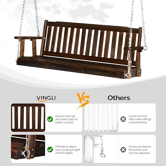VINGLI Heavy Duty 880 LBS 5 FT Wooden Porch Swing Outdoor, Outdoor Hanging Swing Bench (5 FT, Rustic) - Photo 2