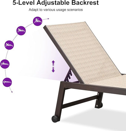 PURPLE LEAF Oversized Patio Lounge Chairs Set of 3, Reclining Pool Lounge Chairs with Side Table and Wheels for All Weather for Outdoor, Deck, Lawn, Aluminum Outside Pool, Light Tan
