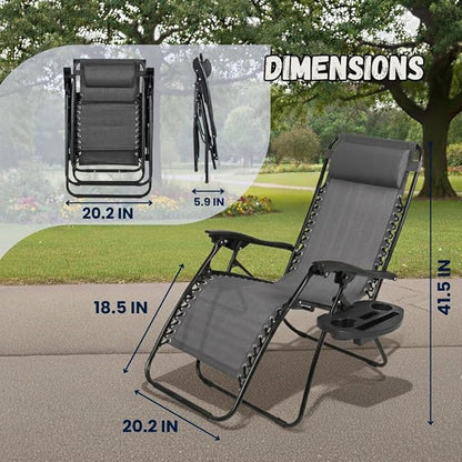 EZONE 1 - Chair Zero Gravity Lounge Chair Outdoor Adjustable Reclining Patio Chair Steel Mesh Folding Recliner for Pool Beach Camping Lounge Chair with Pillow and Cup Tray (1, Grey)