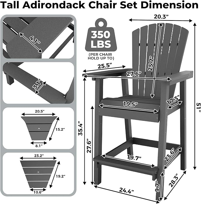 Outdoor Recycled Poly Adirondack Barstools with Connecting Tray, Tall Adirondack Chairs Bar Chairs for Deck, Balcony, Backyard, Patio Bar Stool Chair with High Back Weather Resistant Set of 2