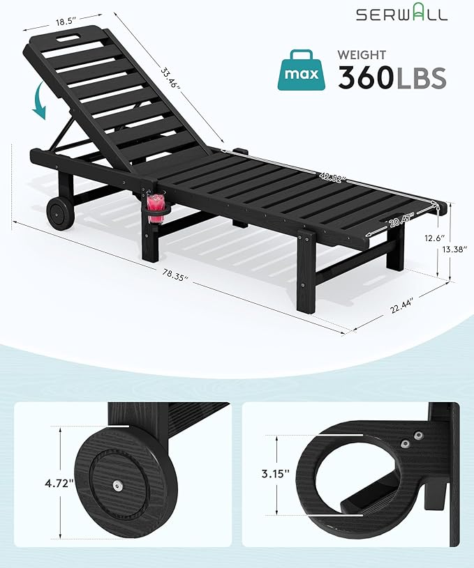 SERWALL Patio Chaise Lounge Chair, HDPE Outdoor Lounge Chair with Cup Holder - Photo 3