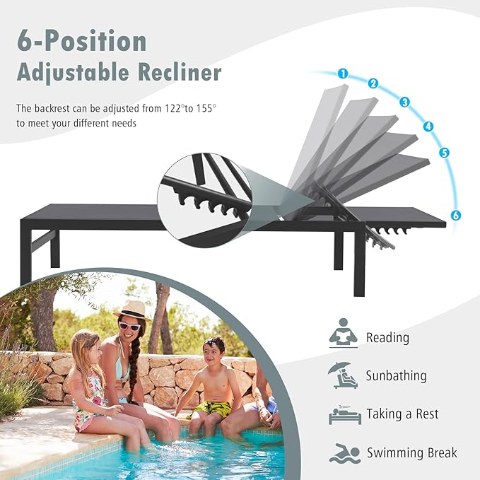 Giantex Patio Chaise Lounge Chair, Outdoor Sunbathing Chair Lawn Reclining Lounger with 6 Adjustable Position, Aluminium Frame, Outside Tanning Chairs for Deck,Yard, Pool Lounge Chairs (1, Gray)