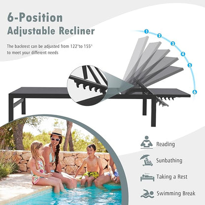 Giantex Patio Chaise Lounge Chair, Outdoor Sunbathing Chair Lawn Reclining Lounger with 6 Adjustable Position, Aluminium Frame, Outside Tanning Chairs for Deck,Yard, Pool Lounge Chairs (2, Gray)