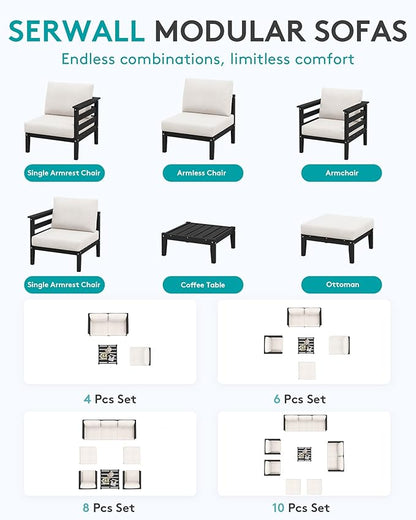 SERWALL HDPE Outdoor Furniture Set, 10 Pieces Patio Sectional Sofa Set, All-Weather Wood-Like Outdoor Sofa with Coffee Table for Deck, Garden, Black Frame with Khaki Cushion