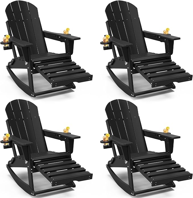 Adirondack Rocking Chairs Set of 4 with Retractable Ottoman, All Weather Folding Adirondack Chair with Two Cup Holders, Adirondack Outdoor Rocking Chairs for Porch, Patio, Balcony. Black