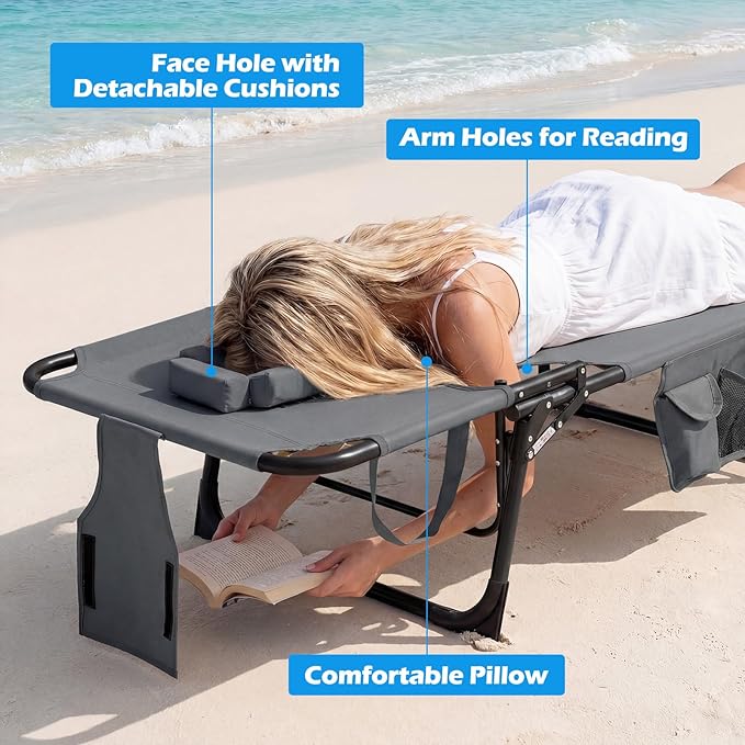 GYMAX Tanning Chair with Face Hole, Sun Bathing Lounge Chairs for Outside with Side Pocket, Folding Portable Face Down Layout Tanning Chair Beach, Backyard, Poolside, Lawn (Grey,2)