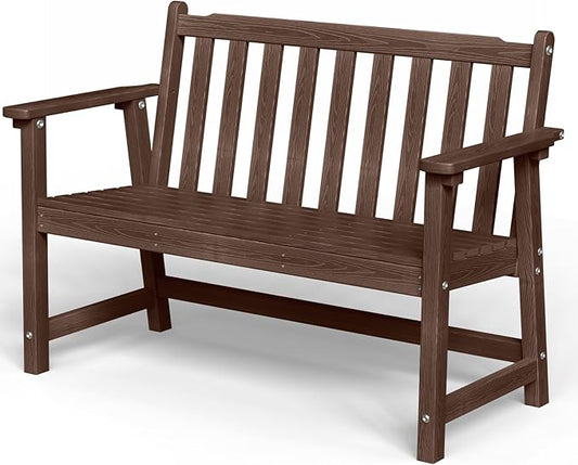 Outdoor Bench, 2-Person HDPE Garden Bench, All Weather Poly Patio Bench for Outdoors, Garden, Backyard, Porch and Park, 550 lbs Weight Capacity, Brown