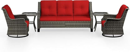 5 Piece Patio Furniture Set, 3-Seater Couch, 2 Swivel Glider Chairs and 2 Side Tables, Outdoors Rattan Conversation Set with Deep Seating and Olefin Cushions, for Backyard, Garden, Red