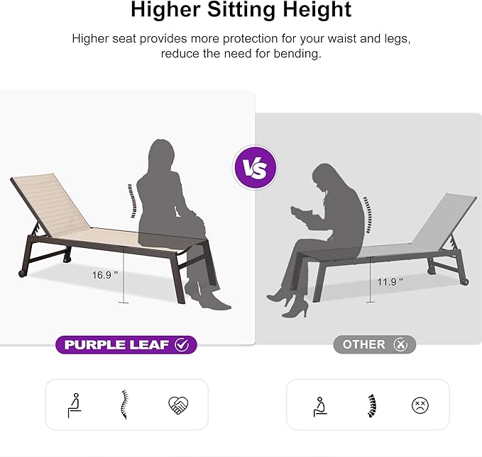 PURPLE LEAF 82.6" Overside Outdoor Chaise Lounge 4 Pieces Adjustable Patio Lounge Chairs with Sturdy Aluminum Frame, Waterproof Chaise Lounge Chair for Outdoor Pool Lawn Backyard, Light Tan