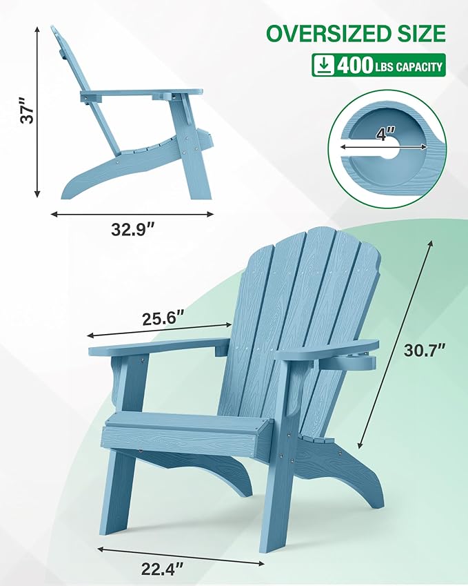 Oversized Plastic Adirondack Chair Set of 2 with Cup-Holder (Large Dual-Purpose), Weather Resistant, Poly Lumber Outdoor Chairs Duty Rating Widely Used in Patio, Lawn, Outside, Deck, Garden Chair-Blue