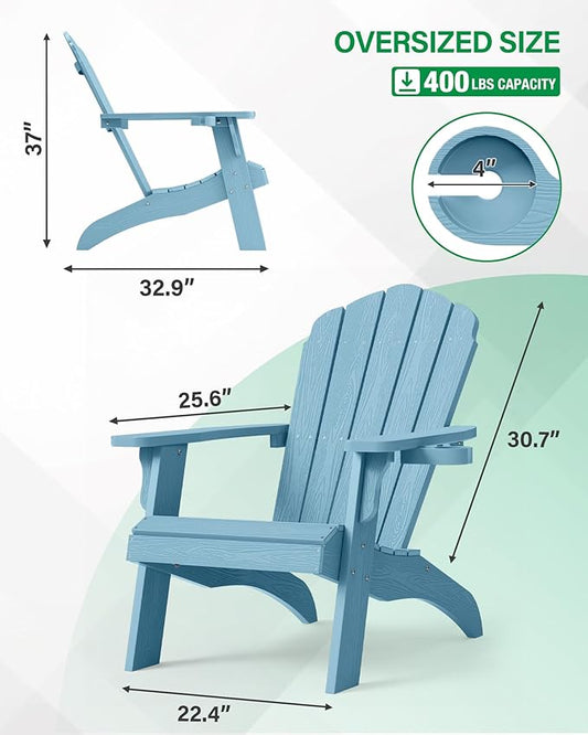 YEFU Oversized Plastic Adirondack Chair Set of 4 with Cup-Holder, Weather Resistant, Poly Lumber Outdoor Chairs Duty Rating Widely Used in Patio, Lawn, Outside, Deck, Garden Chair-Blue