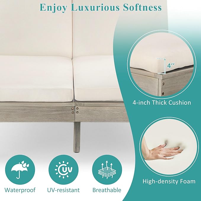 SOFTSEA Patio Double Chaise Lounge with 5-Position Adjustable Backrest, Outdoor Chaise Lounge with Cushions for 2 People, Wooden Outdoor Daybed with Folding Side Trays for Pool Backyard, Gray