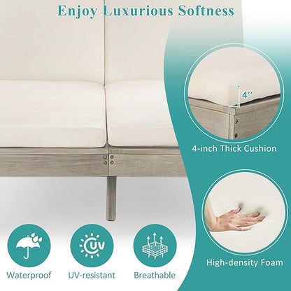 SOFTSEA Patio Double Chaise Lounge with 5-Position Adjustable Backrest, Outdoor Chaise Lounge with Cushions for 2 People, Wooden Outdoor Daybed with Folding Side Trays for Pool Backyard, Gray